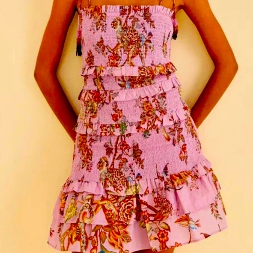 FARM Rio Purple Floral Smocked Mini Dress Tie Straps Tiered Ruffles XL